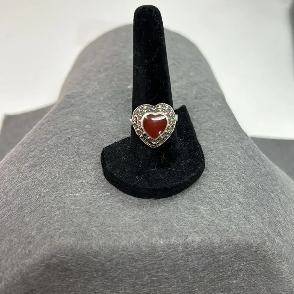 Vintage Sterling Silver Natural Carnelian and Marcasite Heart Shaped Ring Size 8